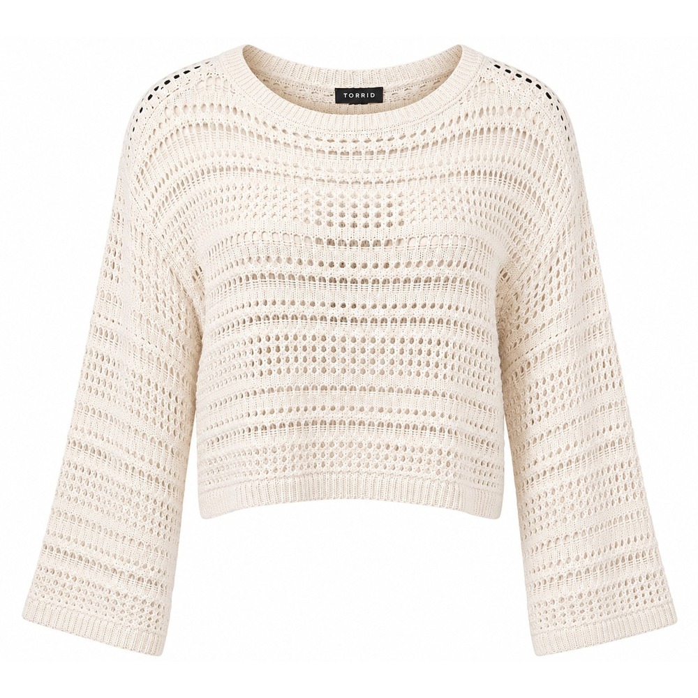 Torrid Sweater 00 M/L White Open Stitch Wide Sleeve Crop Pullover Cloud Dancer